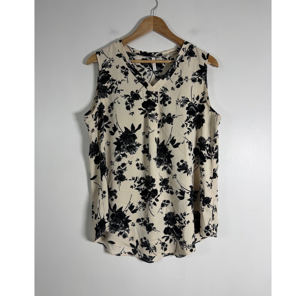 Dark Cottagecore Aodemo Womens Large Sleeveless Blouse Cream Black Floral V-Neck